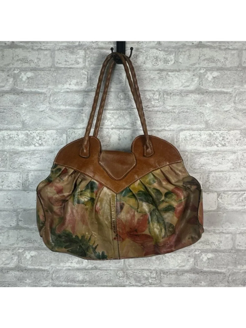 Patricia Nash Heritage Crackle Leather Floral Print Lione Twisted Handle Purse